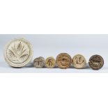 Six Carved Wood Butter Stamps, Victorian, carved with sylised leaf design, 4ins diameter, a bird,