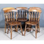 Five 19th Century Beech Wood and Elm Seated Windsor Kitchen Chairs, each with slightly curved