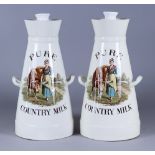 A Pair of White Glazed Pottery "Pure Country Milk" Two-Handled Churns and Later Covers, Early 20th