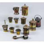 A Tin and Brass Mounted Cream Pail with Lid, Three Others, Four Miniature Pails, and Three Measures,
