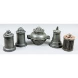 Three Pewter Cylindrical Three-Part Pint and a Half Ice Cream Moulds, Victorian, one by Benham &