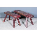 Two 19th Century Irish Red Painted Primitive Bench Stools, each with heavy plank top and on turned