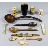 A Mixed Collection of Bone and Horn Items, 19th Century, including egg timer with turned and pierced