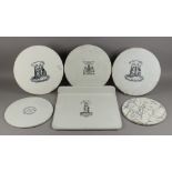 Six Pottery Scale Plates, one advertising "E. Jackson & Co, 82 Kirkgate, Leeds", 9.25ins diameter,