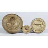 Three Carved Wood Butter Stamps, Victorian, carved with an open flower, 4.75ins diameter, a standing