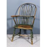 A Late 18th/Early 19th Century West Country Green Painted Stick Back Windsor Armchair with narrow