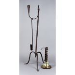 An English Wrought Iron Rushlight Holder with Candle Socket, Late 18th Century, on three shaped