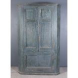 A Late 18th/Early 19th Century Blue Painted Pine Barrel Backed Two Tier Corner Cupboard, with narrow