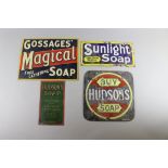 Two Enamel Advertising Signs, - "Buy Hudson's Soap", 10.375ins x 10.25ins, "Sunlight Soap", 6ins x