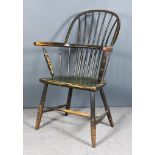 A 19th Century West Country Green Painted Stick Back Windsor Armchair, with two tier stick back,