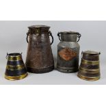 A Steel Dairy Churn, a Tin and Brass Dairy Churn, and Two Pails, One Lidded, Late 19th/Early 20th