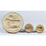 Three Carved Wood Butter Stamps, Victorian, with a rabbit, 2ins diameter, a swan, 2ins diameter, and