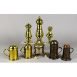 Eight Brass and Tin Shakers, 18th/19th Century, including a cylindrical one-handled shaker, 3ins