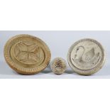 Three Carved Wood Butter Stamps, Victorian, carved with a stylised leaf design, 6ins diameter, a