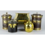 A Tin and Brass Mounted Tea Canister and Lid, Four Similar Tea Canisters, and a Brass Tea Caddy of