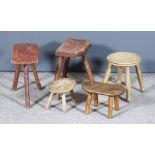 Two 19th Century Red Painted Three Legged Stools of primitive form, 13.5ins x 6.5ins x 12ins high,
