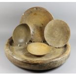 Three Turned Wood Skimmers, 19th/20th Century, 7ins to 9ins diameter, a turned sycamore bowl, 11.