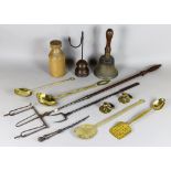 A Brass Two-Ended Spoon and Pierced Spatula, Late 18th Century, 14ins, and a collection of