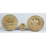 Three Carved Wood Butter Stamps, Victorian, carved with a running fox, 4.25ins diameter, Prince of