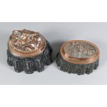 Two Copper and Tinned Oval Jelly Moulds, Victorian, each moulded with a boar's head, one 7.25ins x