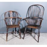 Two 19th Century Windsor Armchairs, one with plain stick back, composite bow wood seat on turned