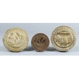 Three Carved Wood Butter Stamps, Victorian, carved with an acorn and leaves, 3.75ins diameter, a