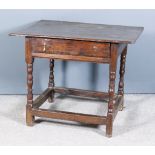 An Old Oak Side Table of "17th Century" Design, with three-plank top, fitted one frieze drawer, on