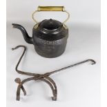 A Wrought Iron Kettle Tilt, 18th Century, with horseshoe hanger with locking plate and shepherds