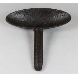 A Cast Iron Grisset Pan, 18th Century, possibly Irish or Weald, of oval form, the handle with a pair