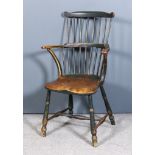 A Late 18th/Early 19th Century Thames Valley Green Painted Stick Back Armchair, with narrow shaped