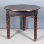 A 19th Century Stained Pine Circular Cricket Table, plain top, three heavy moulded supports, 32ins