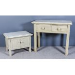 A Grey Painted Pine Side Table, the top inset with white marble panel, fitted two frieze drawers, on