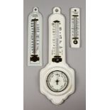 Three Cream Glazed Pottery Wall Mounted Thermometers and Barometers, including "Dr. Forbes
