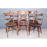 Six 19th Century Beech Wood and Elm Seated Windsor Kitchen Chairs, with plain bar backs and turned