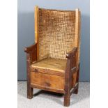 A Late 19th Century Child's Pine Framed Orkney Armchair, with plaited oat straw curved back, wood