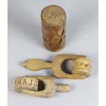 Two Carved Wood Butter Rollers, Victorian, one carved with a cow and flower design, 7ins, the