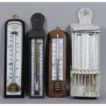 Four Wall Mounted Thermometers, including a white flashed glass and japanned metal cased