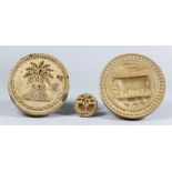 Three Carved Wood Butter Stamps, Victorian, carved with a wheat sheaf , 4.75ins diameter, two
