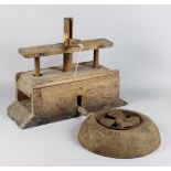 A Pine Drop-Weight Mouse Trap, 19th Century, 15ins x 5.75ins x 11.5ins high, and a circular tin "