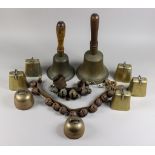 Five Goat Bells, 19th/20th Century, three stamped 2, each 3.75ins high, two sets of crotal bells,