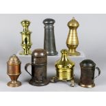 Seven Brass, Tin and Copper Shakers, 18th/19th Century, including one cylindrical one-handled shaker