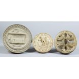 Three Carved Wood Butter Stamps, Victorian, carved with a squirrel, 3.5ins diameter, stylised leaf