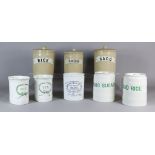 Three Stoneware Cylindrical Storage Jars and Covers, Two "The Grimwade" Hooped Household Cylindrical