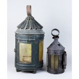 A Sheet Metal and Horn Pendant Lantern, Early 19th Century, with traces of original paint, 18.5ins