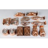 Seven Pairs of Copper Aspic Moulds, Late 19th Century, including a pair of Billiard Cue moulds, by