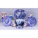 A Wedgwood Blue and White Pottery "Willow" Pattern Rectangular Dish, and Mixed Pottery, 19th