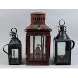 A Sheet Metal Pendant Lantern of Square Form, 19th Century, with original oil burner and traces of