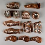 A Selection of Copper Aspic Moulds, Late 19th Century, including a three Bird Head moulds, by