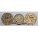 Three Carved Wood Butter Stamps, Victorian, carved with a swimming duck and chicks, 4ins diameter, a