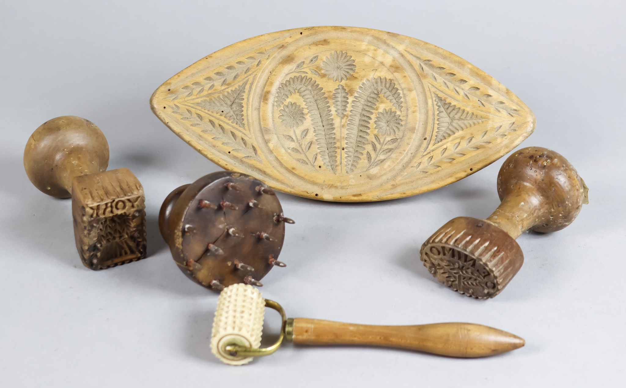 Three Carved Wood Biscuit Prickers, Victorian, worded and carved with "Cenimon" and tree design,